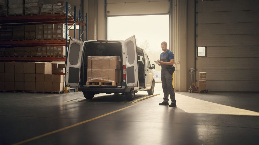 Transport dédié pour livraison urgente : chargement direct d’une palette dans un utilitaire logistique dans un entrepôt professionnel