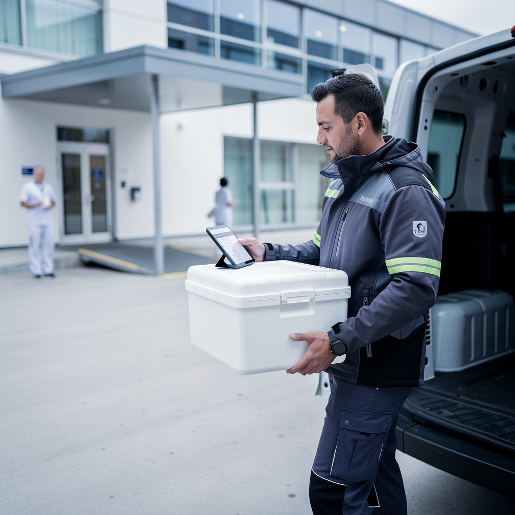 Conducteur de transport médical urgent vérifiant la traçabilité sur tablette lors de la livraison d'un conteneur isotherme devant un établissement de santé
